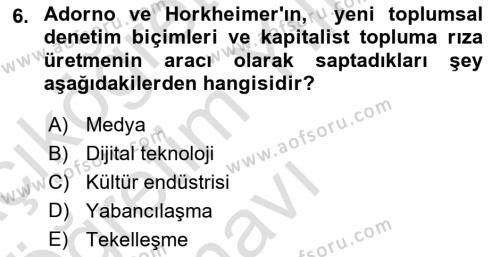 İletişim Sosyolojisi Dersi 2021 - 2022 Yılı Yaz Okulu Sınavı 6. Soru