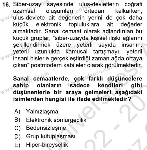 İletişim Sosyolojisi Dersi 2022 - 2023 Yılı Yaz Okulu Sınavı 16. Soru