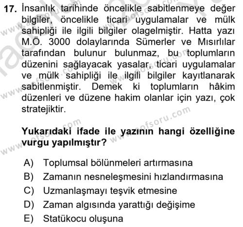 İletişim Sosyolojisi Dersi 2022 - 2023 Yılı Yaz Okulu Sınavı 17. Soru