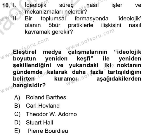 İletişim Sosyolojisi Dersi 2024 - 2025 Yılı (Vize) Ara Sınavı 10. Soru