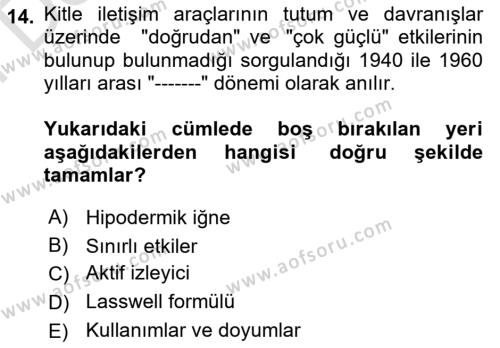 Medya Sosyolojisi Dersi 2023 - 2024 Yılı (Final) Dönem Sonu Sınavı 14. Soru