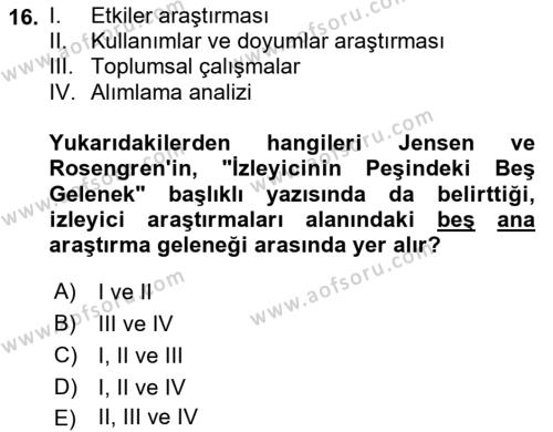 Medya Sosyolojisi Dersi 2023 - 2024 Yılı (Final) Dönem Sonu Sınavı 16. Soru