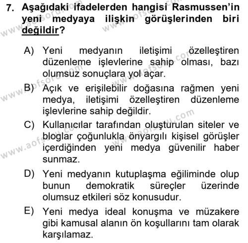 Medya Sosyolojisi Dersi 2023 - 2024 Yılı (Final) Dönem Sonu Sınavı 7. Soru