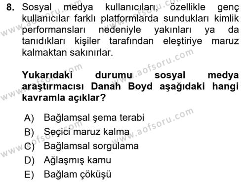 Medya Sosyolojisi Dersi 2023 - 2024 Yılı (Final) Dönem Sonu Sınavı 8. Soru