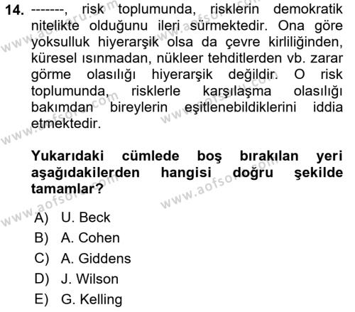 Suç Sosyolojisi Dersi 2023 - 2024 Yılı (Vize) Ara Sınavı 14. Soru