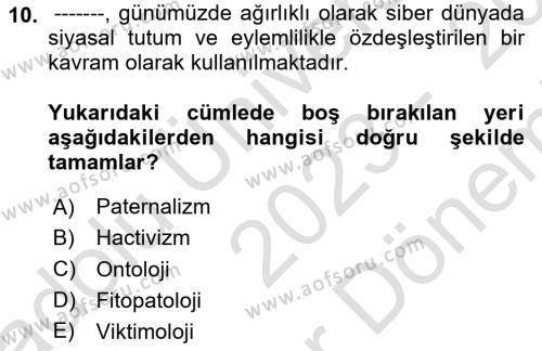 Suç Sosyolojisi Dersi 2023 - 2024 Yılı (Final) Dönem Sonu Sınavı 10. Soru