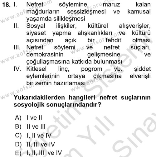 Suç Sosyolojisi Dersi 2023 - 2024 Yılı (Final) Dönem Sonu Sınavı 18. Soru