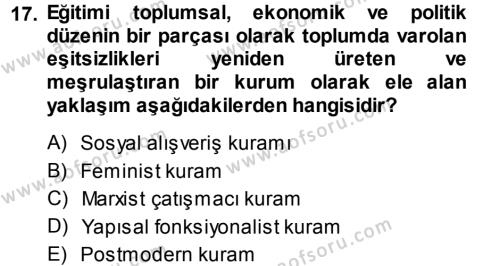 Türkiye´nin Toplumsal Yapısı Dersi 2013 - 2014 Yılı (Vize) Ara Sınavı 17. Soru