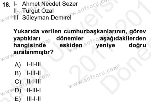 Türkiye´nin Toplumsal Yapısı Dersi 2017 - 2018 Yılı (Final) Dönem Sonu Sınavı 18. Soru