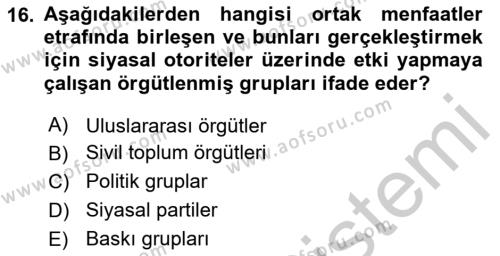 Türkiye´nin Toplumsal Yapısı Dersi 2023 - 2024 Yılı (Vize) Ara Sınavı 16. Soru