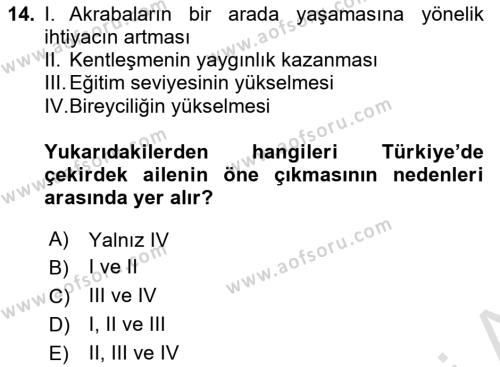 Türkiye´nin Toplumsal Yapısı Dersi 2023 - 2024 Yılı Yaz Okulu Sınavı 14. Soru