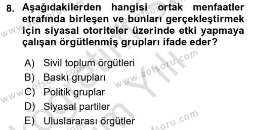 Türkiye´nin Toplumsal Yapısı Dersi 2023 - 2024 Yılı Yaz Okulu Sınavı 8. Soru