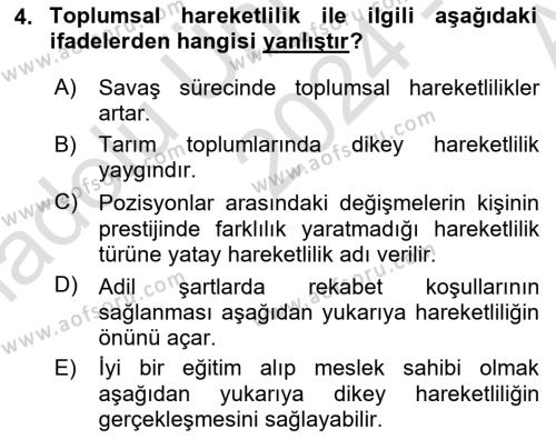 Türkiye´nin Toplumsal Yapısı Dersi 2024 - 2025 Yılı (Vize) Ara Sınavı 4. Soru