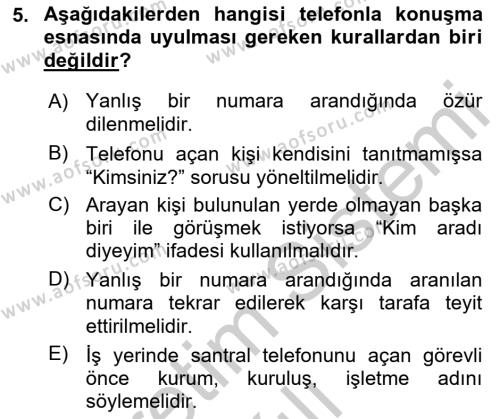 Sosyal Davranış ve Protokol Dersi 2018 - 2019 Yılı Yaz Okulu Sınavı 5. Soru