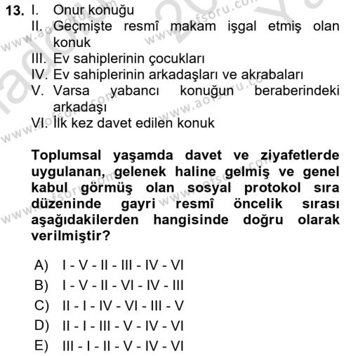 Sosyal Davranış ve Protokol Dersi 2020 - 2021 Yılı Yaz Okulu Sınavı 13. Soru