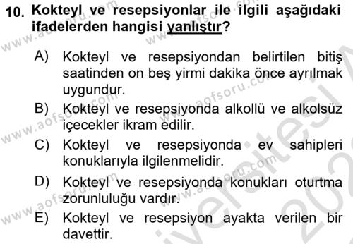 Sosyal Davranış ve Protokol Dersi 2021 - 2022 Yılı Yaz Okulu Sınavı 10. Soru