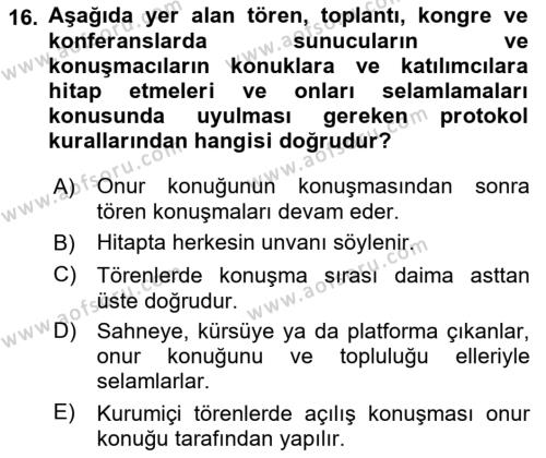 Sosyal Davranış ve Protokol Dersi 2021 - 2022 Yılı Yaz Okulu Sınavı 16. Soru