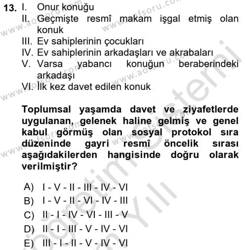 Sosyal Davranış ve Protokol Dersi 2022 - 2023 Yılı Yaz Okulu Sınavı 13. Soru