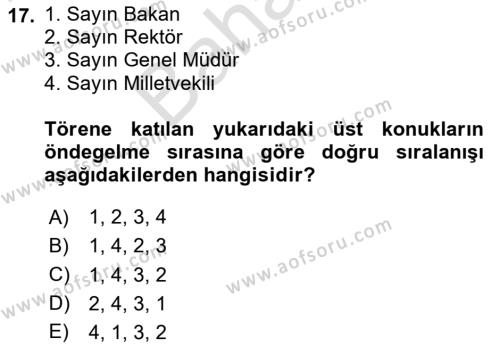 Sosyal Davranış ve Protokol Dersi 2023 - 2024 Yılı (Final) Dönem Sonu Sınavı 17. Soru