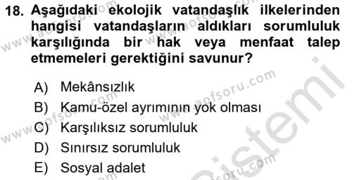 Çevre Sosyolojisi Dersi 2021 - 2022 Yılı Yaz Okulu Sınavı 18. Soru