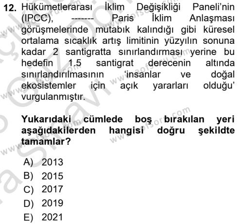 Çevre Sosyolojisi Dersi 2022 - 2023 Yılı (Vize) Ara Sınavı 12. Soru