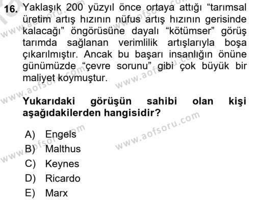 Çevre Sosyolojisi Dersi 2024 - 2025 Yılı (Vize) Ara Sınavı 16. Soru