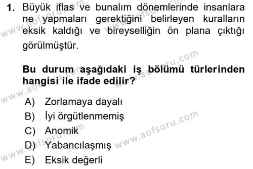 Çalışma Sosyolojisi Dersi 2020 - 2021 Yılı Yaz Okulu Sınavı 1. Soru