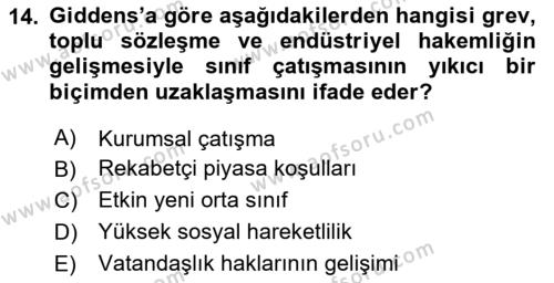 Çalışma Sosyolojisi Dersi 2020 - 2021 Yılı Yaz Okulu Sınavı 14. Soru