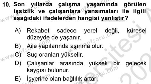 Çalışma Sosyolojisi Dersi 2021 - 2022 Yılı (Vize) Ara Sınavı 10. Soru