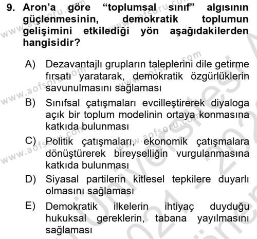 Çalışma Sosyolojisi Dersi 2021 - 2022 Yılı (Final) Dönem Sonu Sınavı 9. Soru