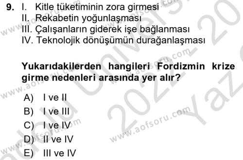 Çalışma Sosyolojisi Dersi 2022 - 2023 Yılı Yaz Okulu Sınavı 9. Soru