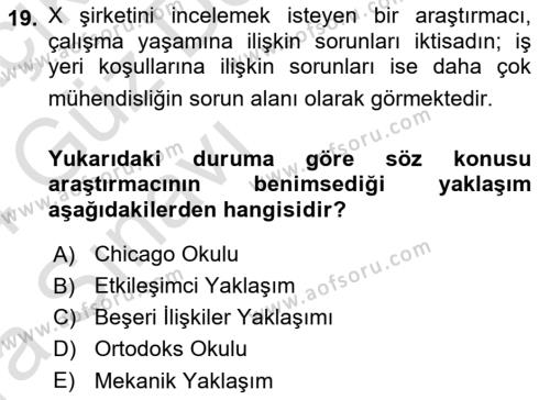 Çalışma Sosyolojisi Dersi 2023 - 2024 Yılı (Vize) Ara Sınavı 19. Soru