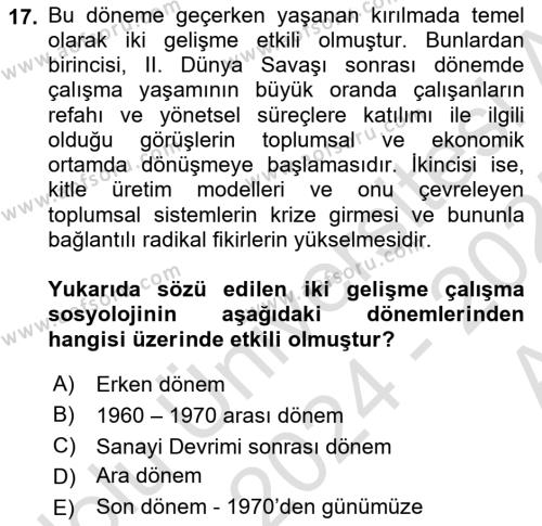 Çalışma Sosyolojisi Dersi 2024 - 2025 Yılı (Vize) Ara Sınavı 17. Soru