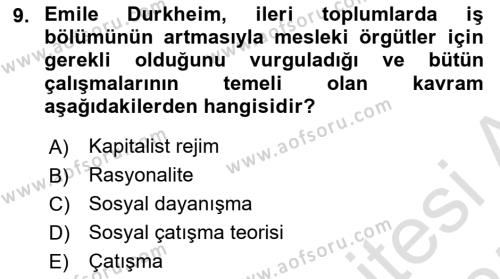 Çalışma Sosyolojisi Dersi 2024 - 2025 Yılı (Vize) Ara Sınavı 9. Soru