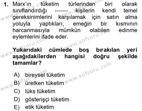 Tüketim Sosyolojisi Dersi 2020 - 2021 Yılı Yaz Okulu Sınavı 1. Soru