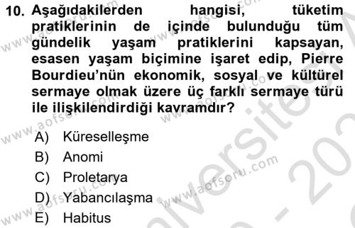 Tüketim Sosyolojisi Dersi 2020 - 2021 Yılı Yaz Okulu Sınavı 10. Soru