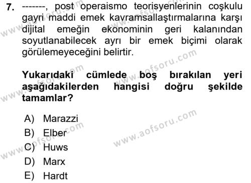 Tüketim Sosyolojisi Dersi 2021 - 2022 Yılı (Vize) Ara Sınavı 7. Soru