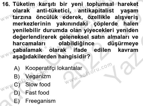 Tüketim Sosyolojisi Dersi 2022 - 2023 Yılı Yaz Okulu Sınavı 16. Soru