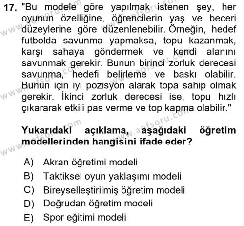 Spor Bilimlerine Giriş Dersi 2021 - 2022 Yılı (Final) Dönem Sonu Sınavı 17. Soru