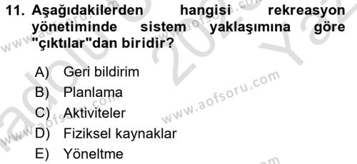 Boş Zaman ve Rekreasyon Yönetimi Dersi 2023 - 2024 Yılı Yaz Okulu Sınavı 11. Soru