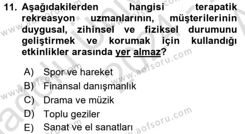 Boş Zaman ve Rekreasyon Yönetimi Dersi 2024 - 2025 Yılı (Vize) Ara Sınavı 11. Soru