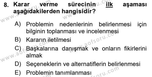 Boş Zaman ve Rekreasyon Yönetimi Dersi 2024 - 2025 Yılı (Vize) Ara Sınavı 8. Soru