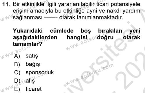 Etkinlik Yönetimi Dersi 2021 - 2022 Yılı Yaz Okulu Sınavı 11. Soru