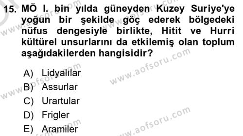 Eski Anadolu Tarihi Dersi 2021 - 2022 Yılı Yaz Okulu Sınavı 15. Soru