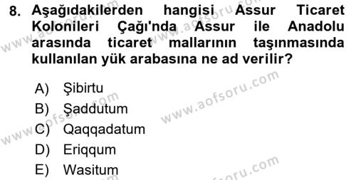 Eski Anadolu Tarihi Dersi 2022 - 2023 Yılı (Vize) Ara Sınavı 8. Soru