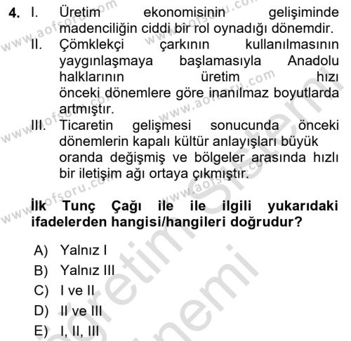 Eski Anadolu Tarihi Dersi 2023 - 2024 Yılı (Vize) Ara Sınavı 4. Soru