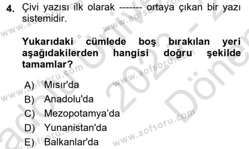 Eski Anadolu Tarihi Dersi 2023 - 2024 Yılı (Final) Dönem Sonu Sınavı 4. Soru