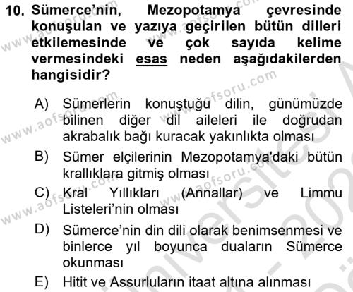 Eski Mezopotamya ve Mısır Tarihi Dersi 2021 - 2022 Yılı (Vize) Ara Sınavı 10. Soru