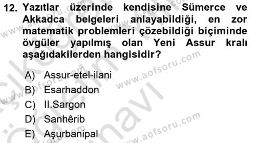 Eski Mezopotamya ve Mısır Tarihi Dersi 2021 - 2022 Yılı Yaz Okulu Sınavı 12. Soru