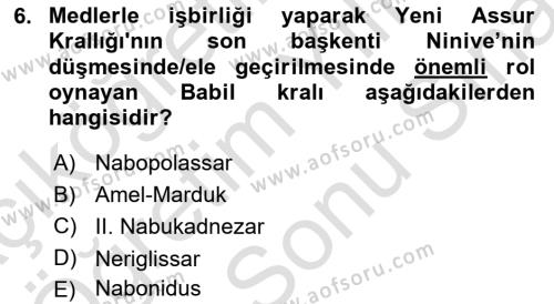 Eski Mezopotamya ve Mısır Tarihi Dersi 2023 - 2024 Yılı (Final) Dönem Sonu Sınavı 6. Soru